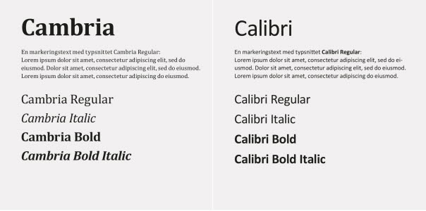 Bild på typsnitten Cambria och Calibri