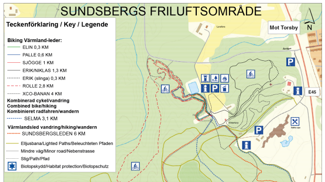 Karta över Sundsbergs friluftsområde som visar vandrings-, cykelleder samt grillplatser.